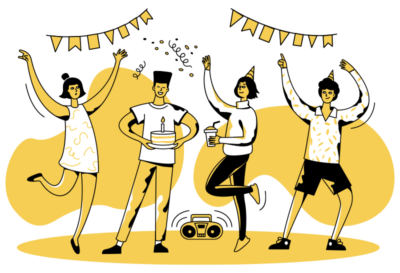 Illustration of four people dancing at a birthday party