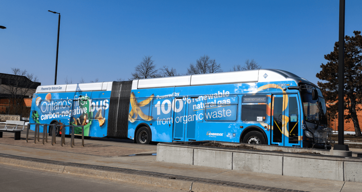Side view of a bus from Hamilton with a blue and food scraps graphi wrapper