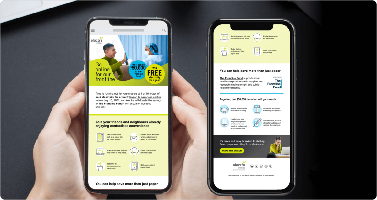Two hands hold a smartphone that displays frontline worker material Alectra ebilling campaign in support of frontline workers. Next to them, another smartphone appears showing an alternate view of the website.