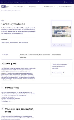 Screenshot of the Condo Buyer's Guide page