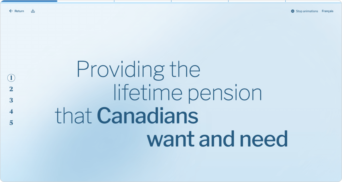 Screenshot of the CAAT interactive year in review website with large text on a blue background that reads: Providing the lifetime pension that Canadians want and need.