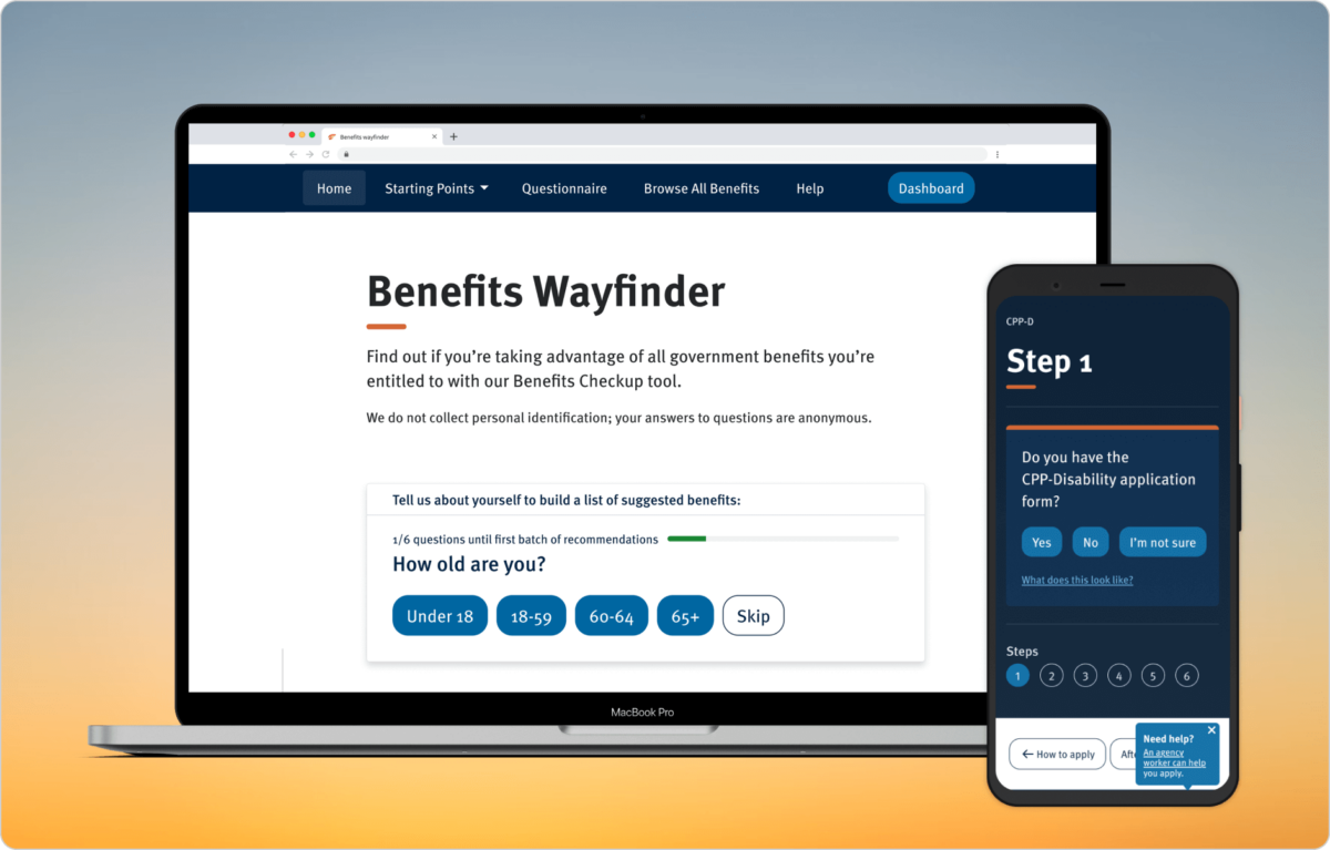 A modern laptop computer and smartphone display the ‘benefits wayfinder’ section of prosper Canada’s webpage, set against an orange and blue gradient.