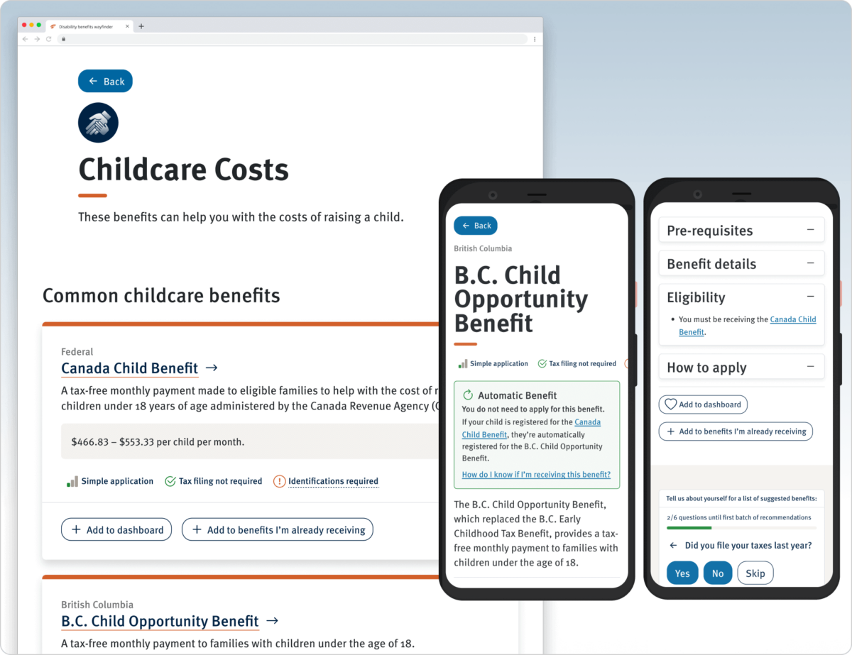 A screengrab and two smartphone screens showing the ‘Childcare Costs’ section of Prosper Canada’s webpage, set against a blue gradient.