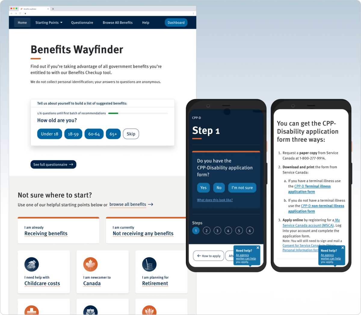 A screengrab and two smartphone screens showing the ‘benefits wayfinder’ section of prosper Canada’s webpage, set against a blue gradient.